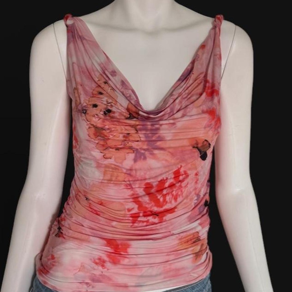 Abercombie and Fitch Floral Ruched Tank Blouse Soft Corel Neckline